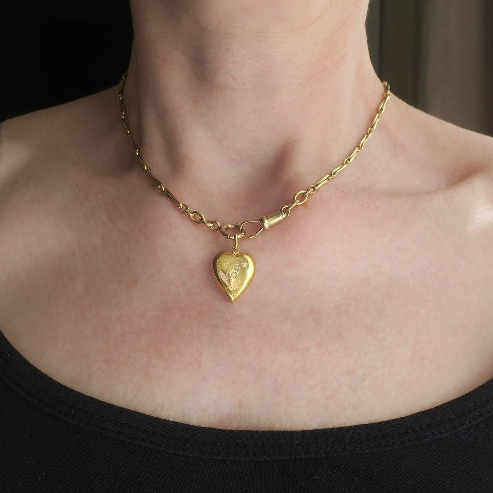 Pendant Art Nouveau Heart Lily of the Valley Opals and Gold
