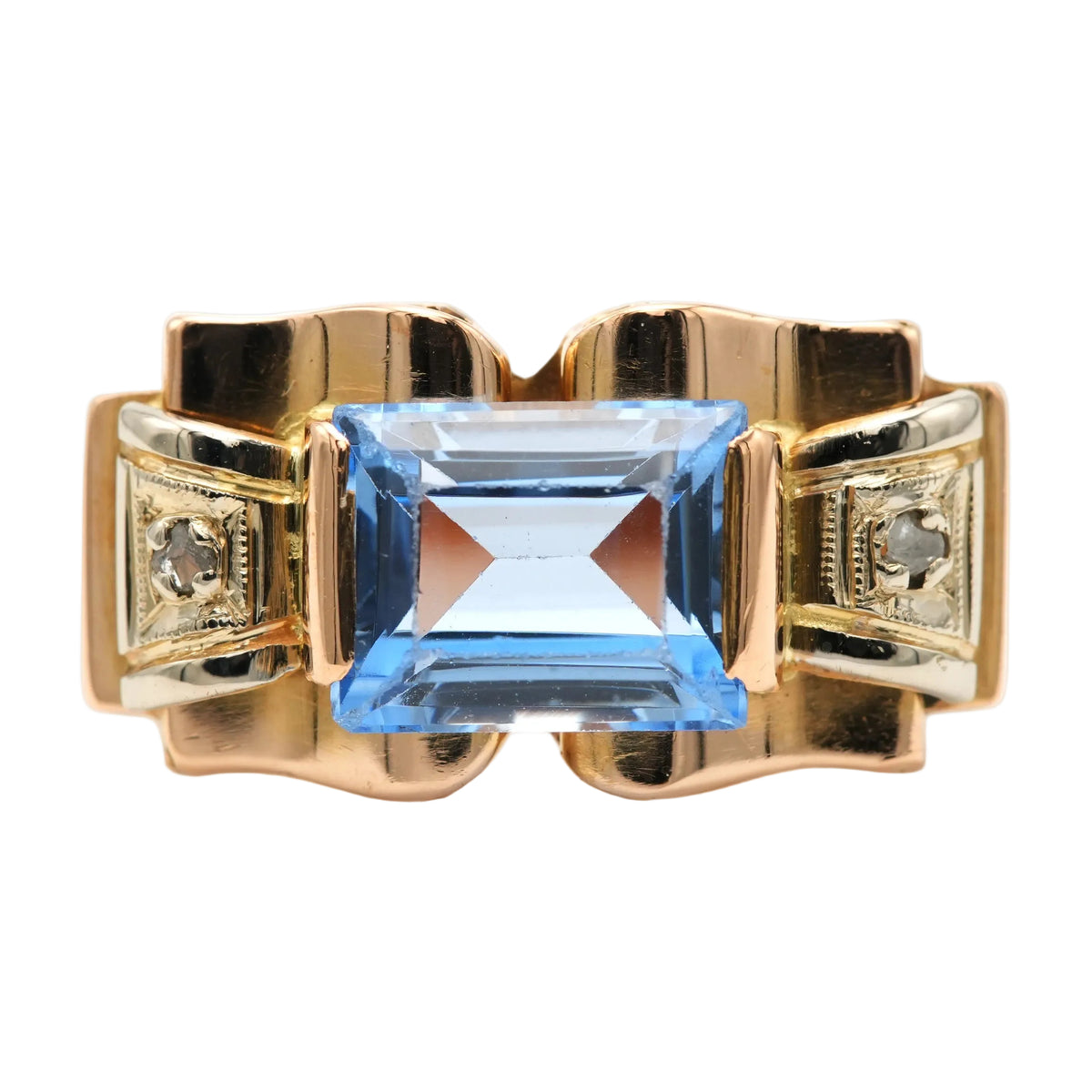 Tank Ring in yellow gold, Spinel, and Diamonds