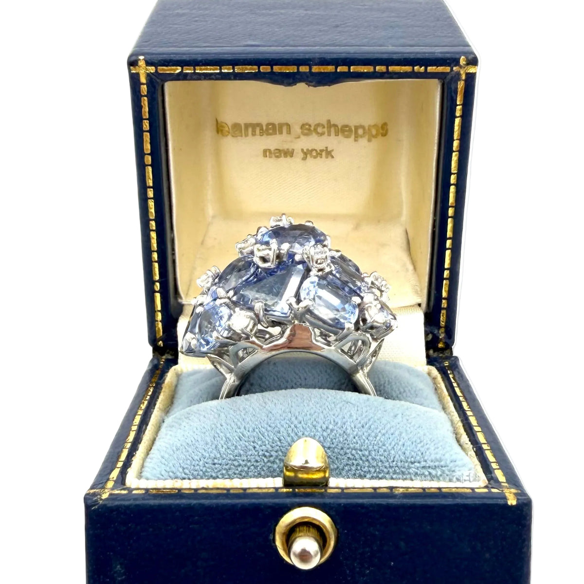 SEAMAN SCHEPPS "Bubbles" Cocktail Ring in white gold, sapphires, and diamonds