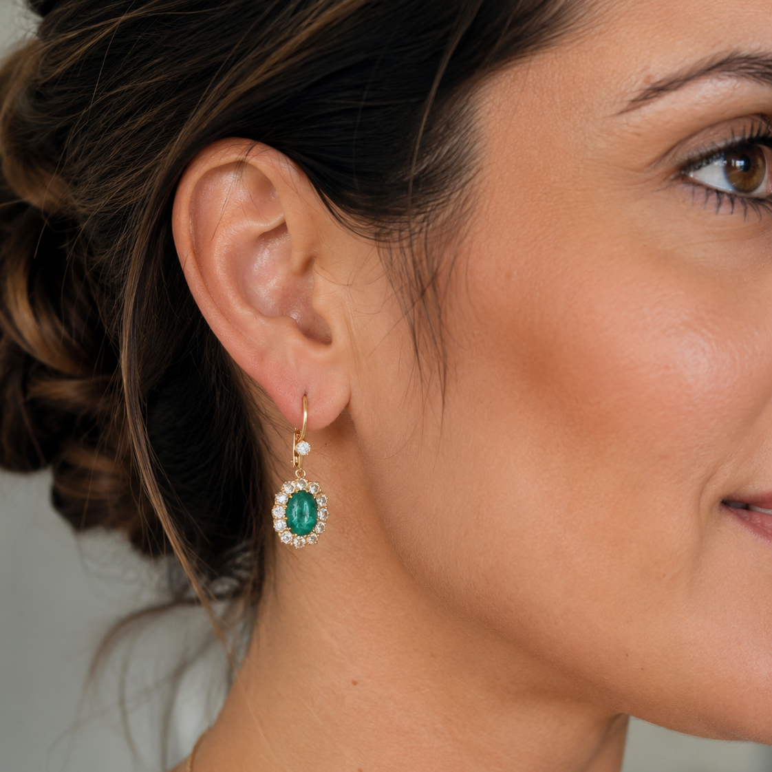 Drop Earrings in Yellow Gold, Emeralds, and Diamonds