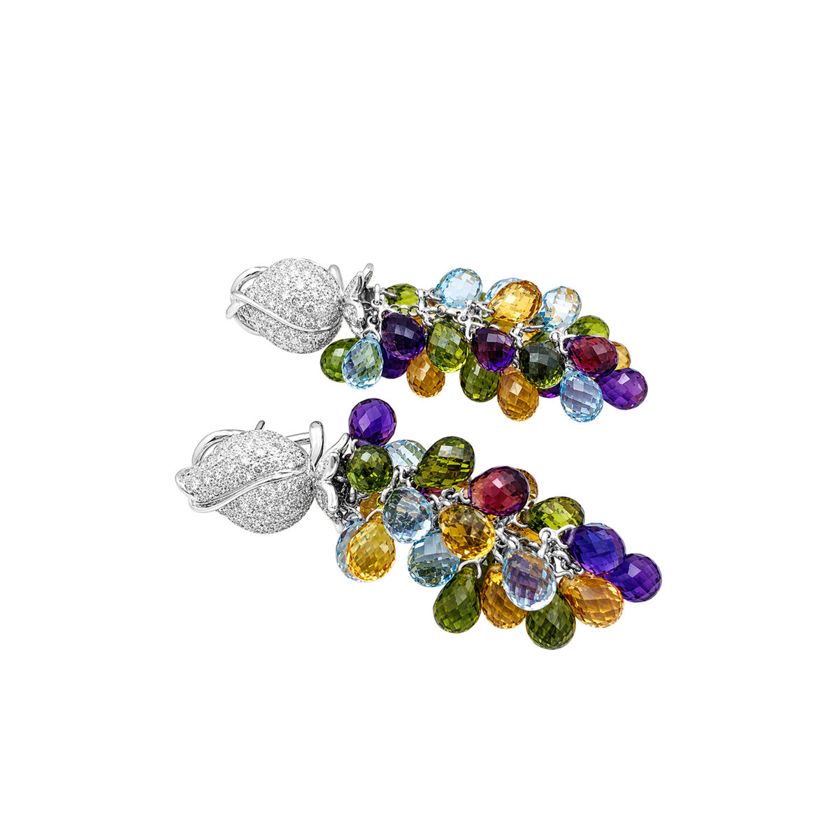 Boucles d'oreilles Pendantes en or blanc, améthystes, citrines, topazes, péridots et diamants