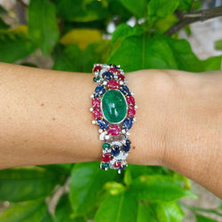 Tutti Frutti "Indian Dream" Bracelet, Emerald Cabochon, Rubies, Sapphires, and Diamonds, 18k Gold