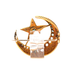 Yellow Gold Brooch with Pearls and Rhinestones