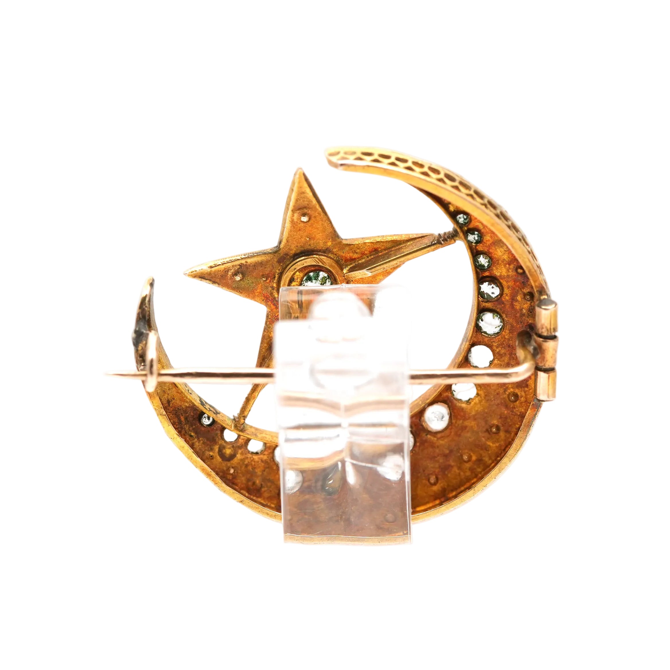 Yellow Gold Brooch with Pearls and Rhinestones