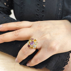 Cocktail Ring in yellow gold with Amethyst, Peridot, Aquamarine, Citrine, and Rhodolites