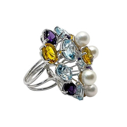 LUCIANO SOMENZI "Cocktail" Ring in white gold, with Amethyst, Quartz, Topaz, and Pearls