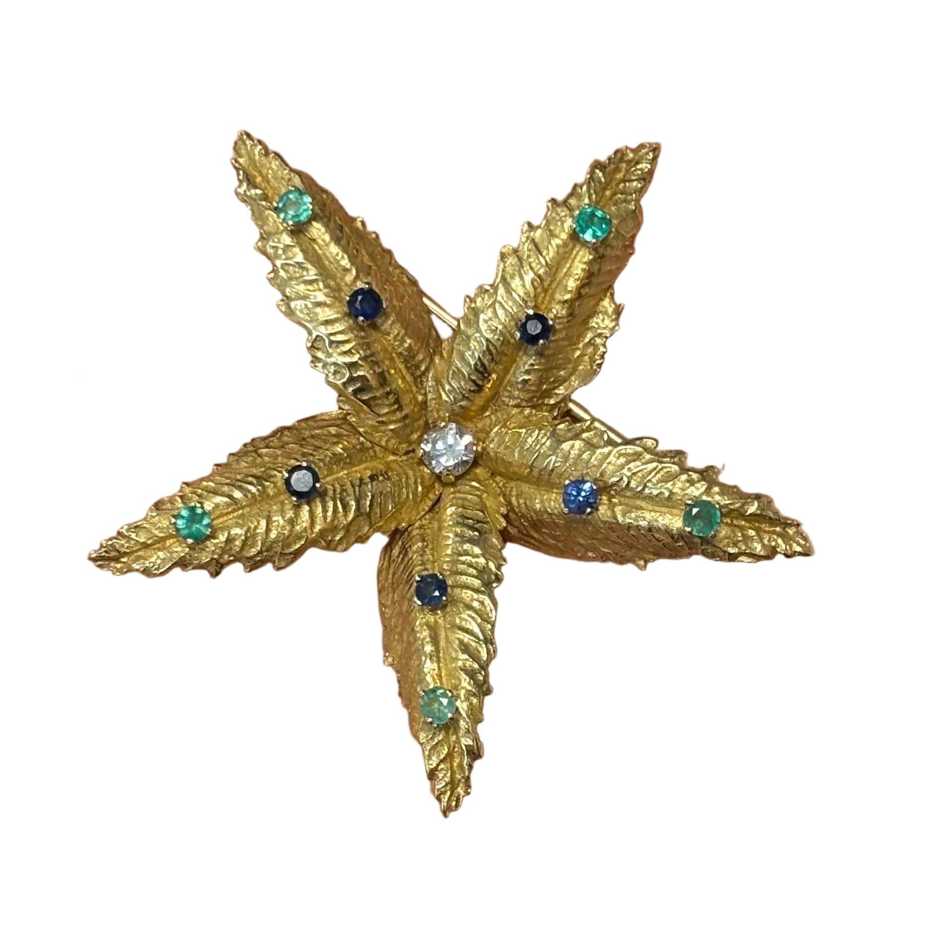 BOUCHERON brooch in yellow gold, emeralds, sapphires, and diamonds