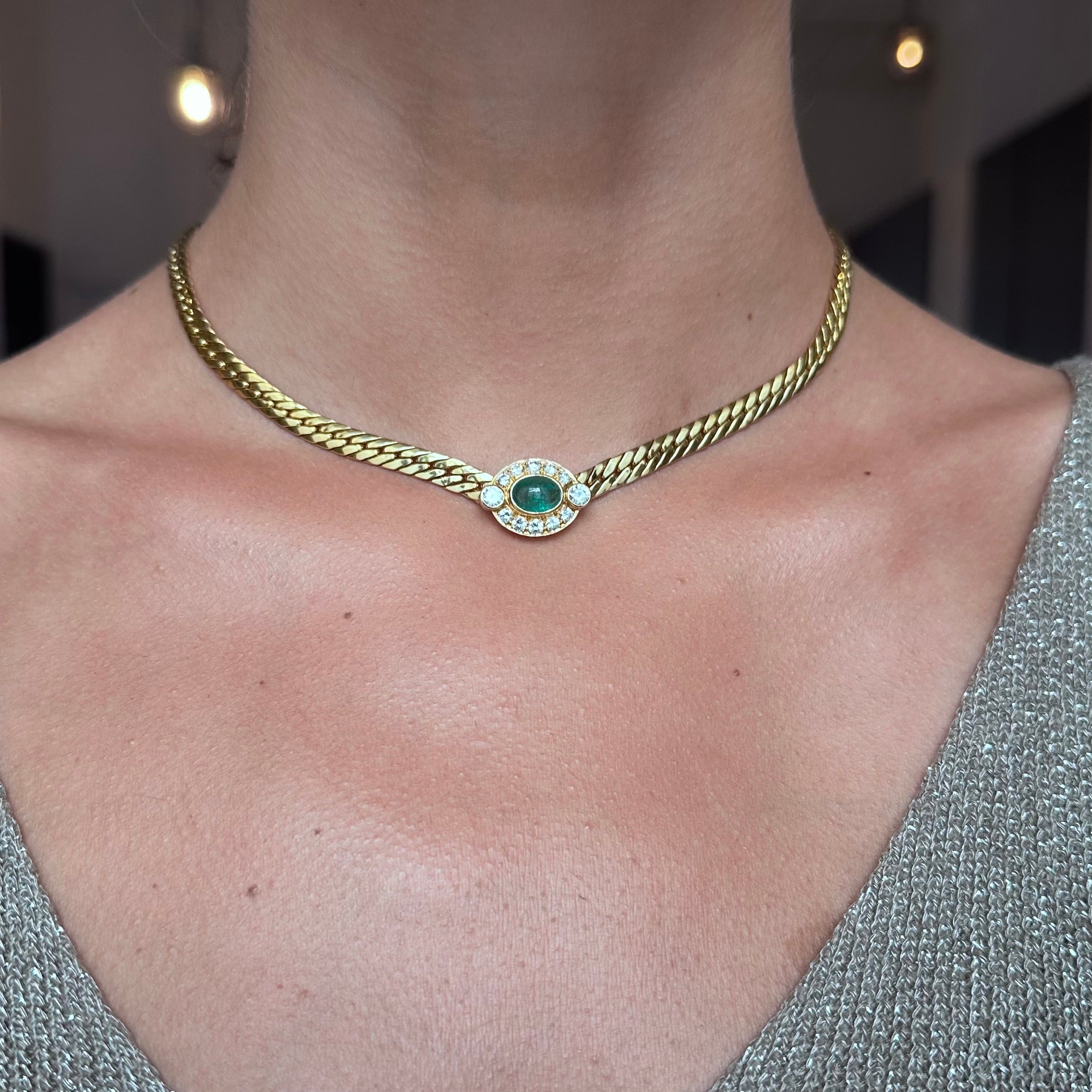 Yellow Gold Link Necklace with Emeralds, Sapphires, and Diamonds