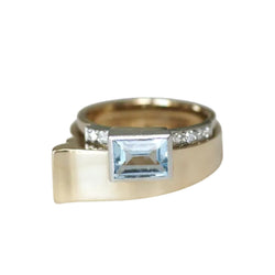 Tank Ring in yellow gold, platinum, aquamarine, and diamonds
