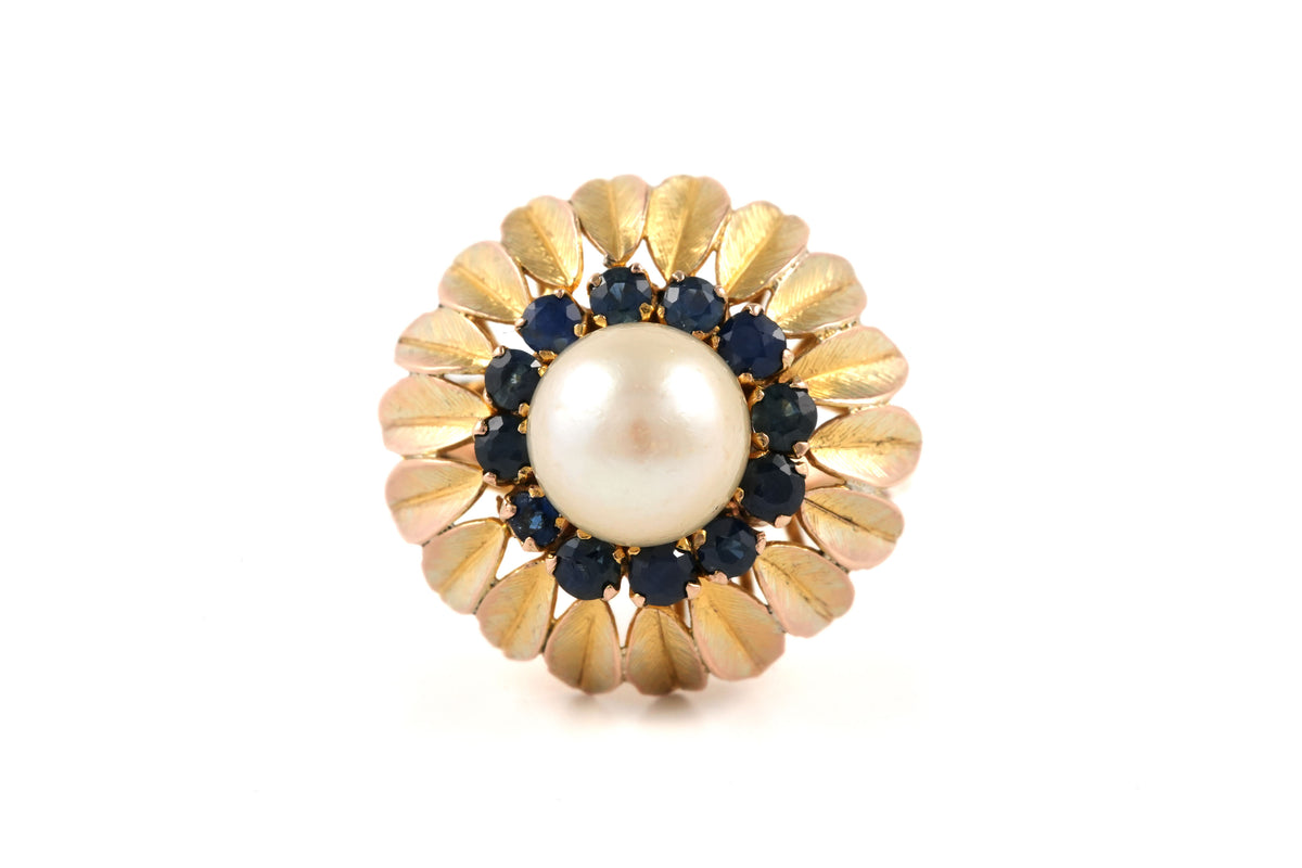 Bague Dôme en or jaune, perle et saphirs