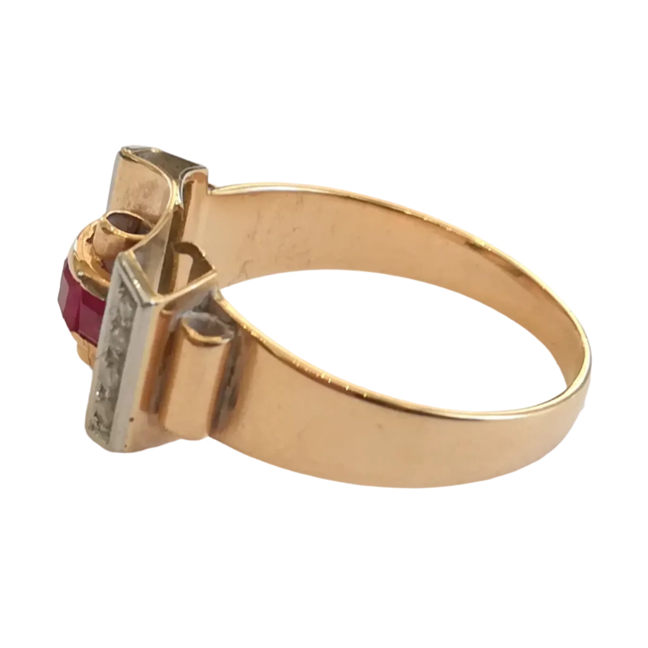 Tank Ring in rose gold, platinum, rubies, and diamonds