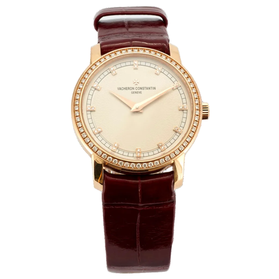 VACHERON CONSTANTIN "Patrimony" PM watch in rose gold, leather, and diamonds