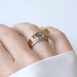 Tank Ring in yellow gold, platinum, aquamarine, and diamonds