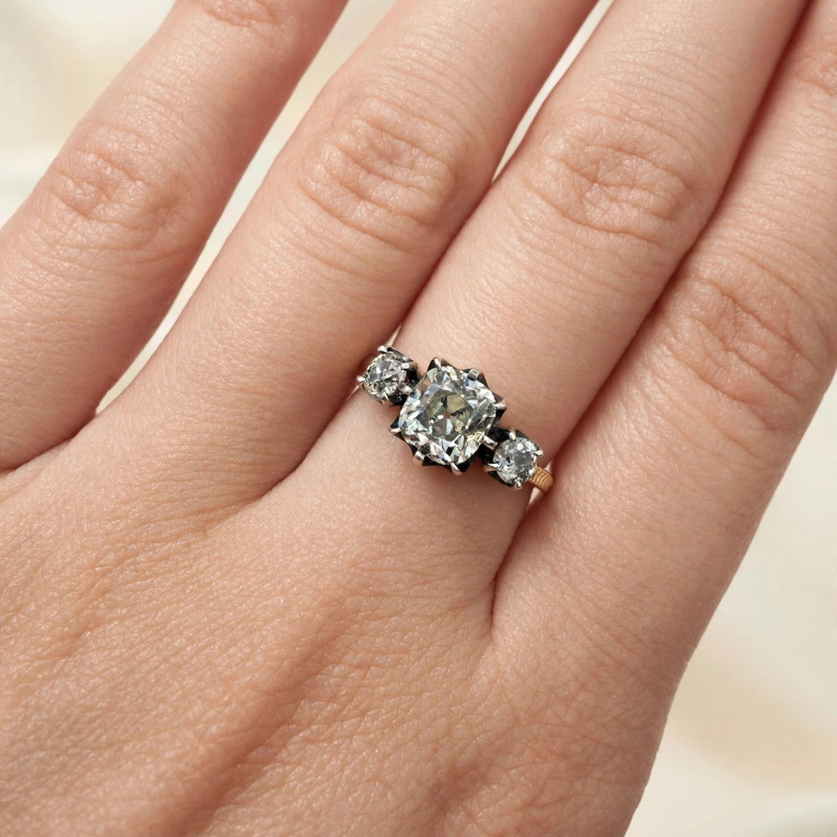Trilogy Ring in Yellow Gold, Silver, and Diamonds