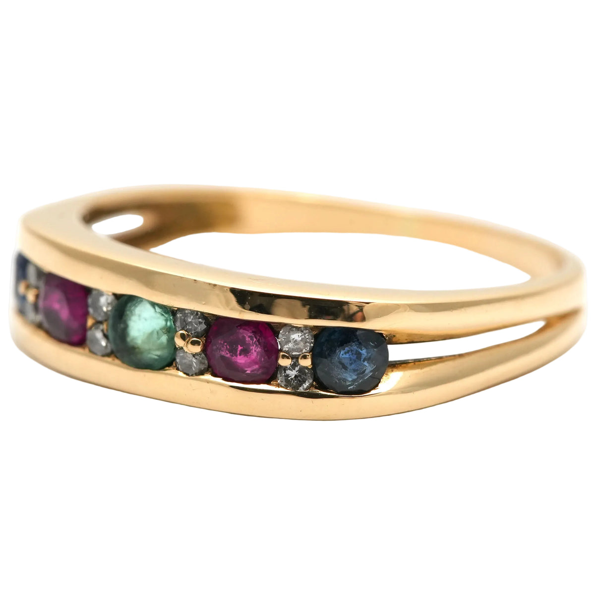 Yellow gold ring with emeralds, rubies, sapphires, and diamonds