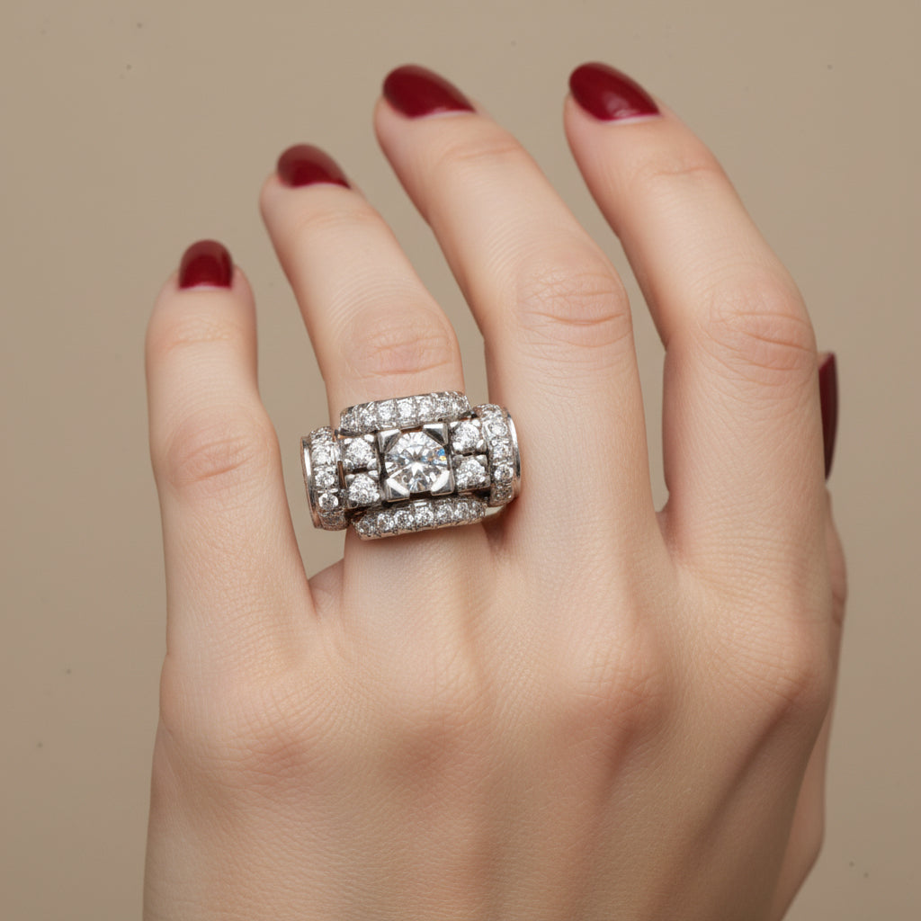 Ring Art Deco in white gold and diamonds