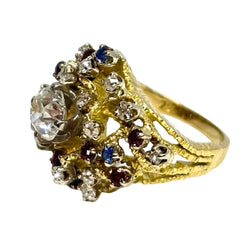 Antique yellow gold ring with rubies, sapphires, and diamonds