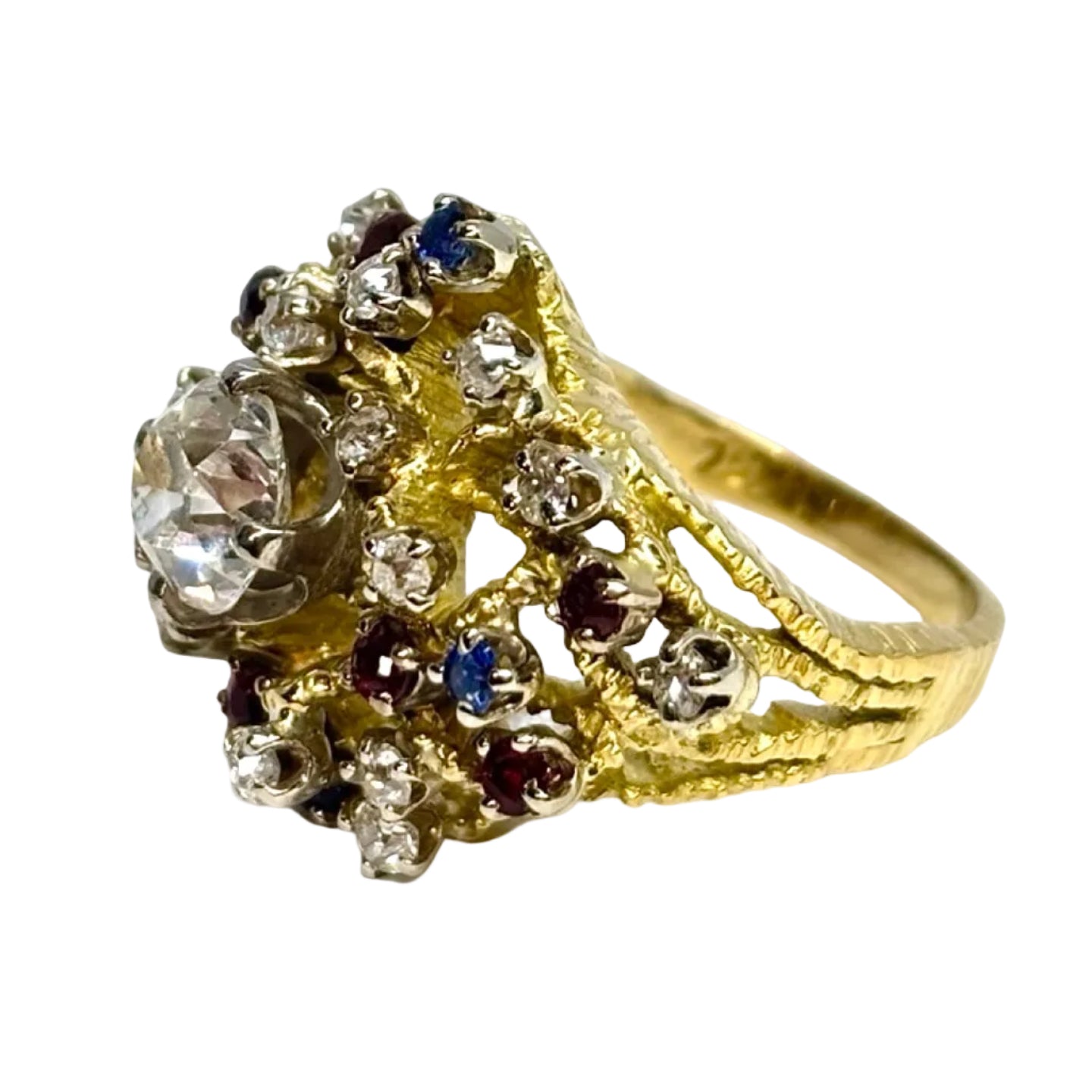 Antique yellow gold ring with rubies, sapphires, and diamonds