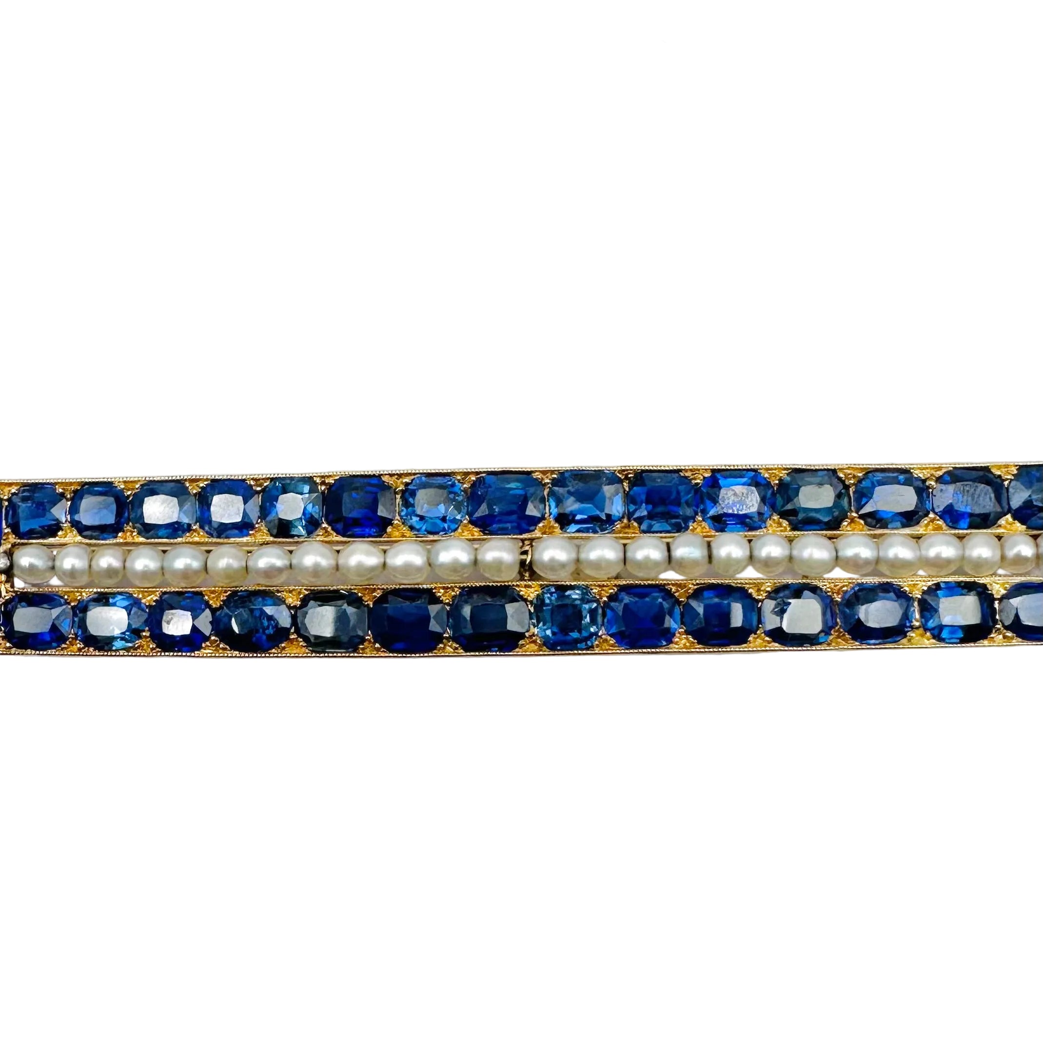 Yellow Gold Brooch with Pearls and Sapphires