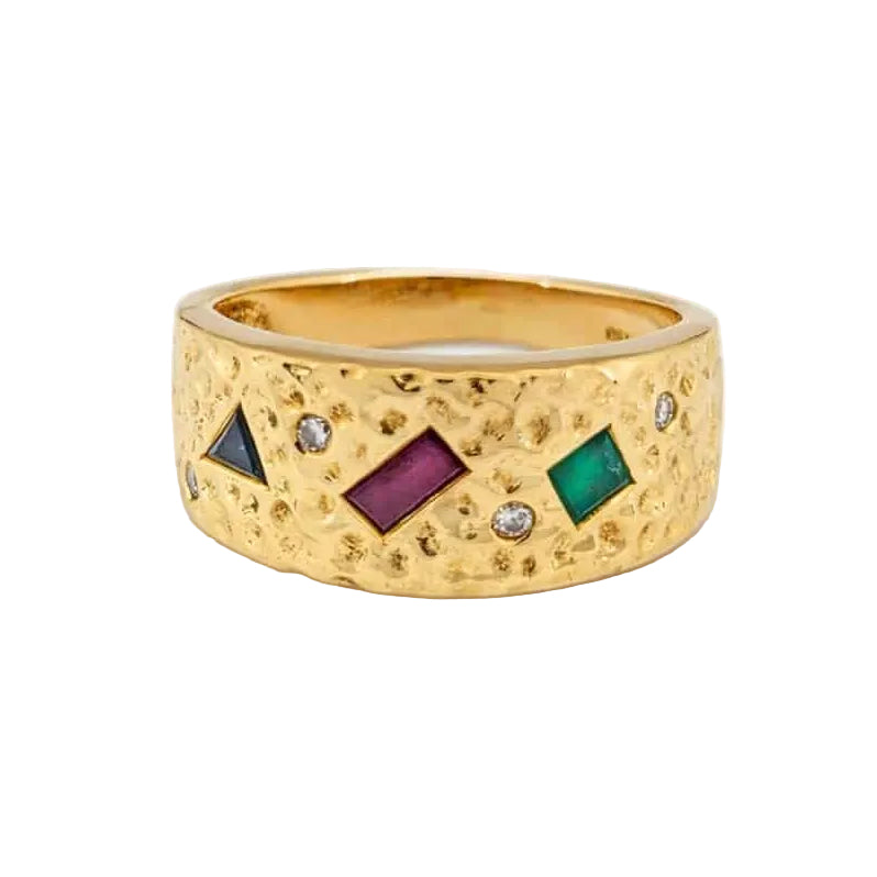 Wide Band Ring in yellow gold, with rubies, emeralds, sapphires, and diamonds