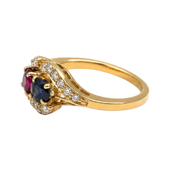 "Toi & Moi" Ring in yellow gold, sapphire, ruby, and diamonds