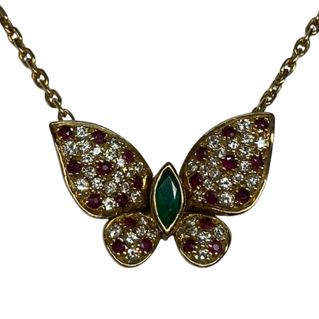 FRED "Articulated Butterfly" Pendant Necklace in yellow gold, rubies, emeralds, and diamonds