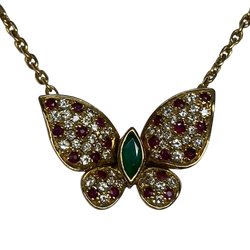 FRED "Articulated Butterfly" Pendant Necklace in yellow gold, rubies, emeralds, and diamonds