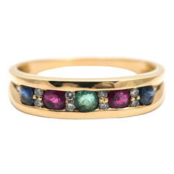 Yellow gold ring with emeralds, rubies, sapphires, and diamonds