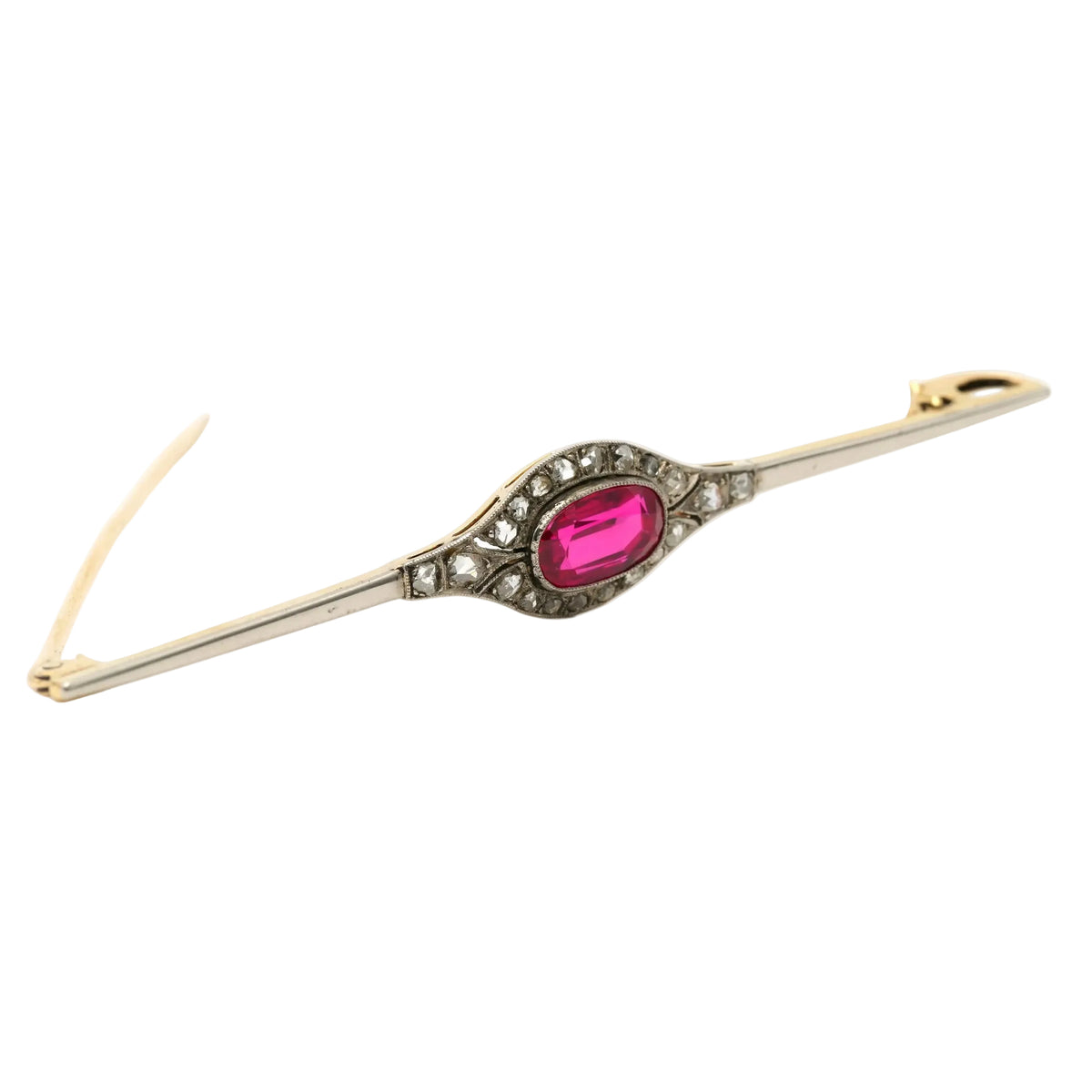 Brooch made of white gold, yellow gold, rubies, and diamonds