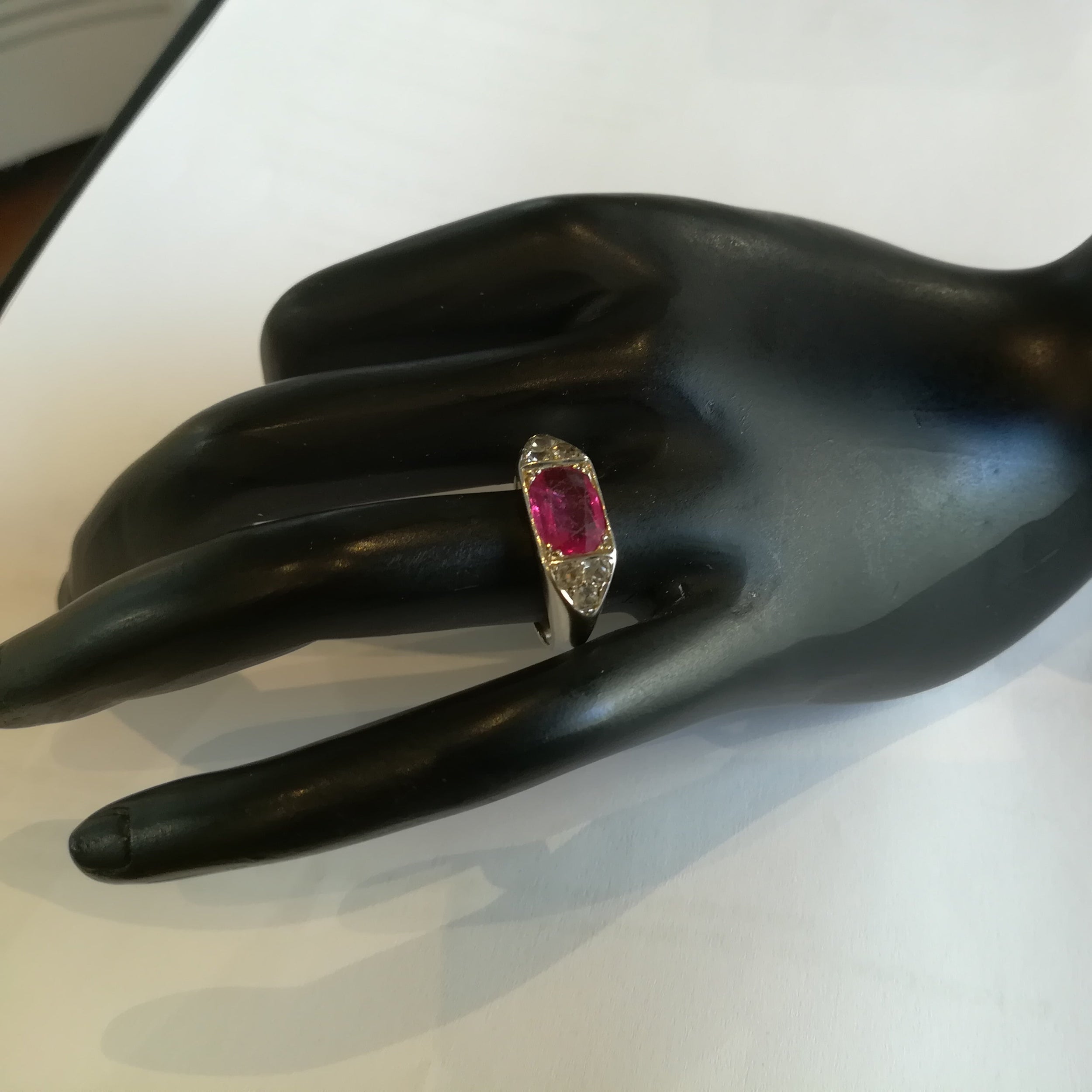 Art Deco white gold bangle ring with a red stone