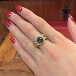 Trilogy Ring in white gold, rose gold, quartz, citrines, and diamonds