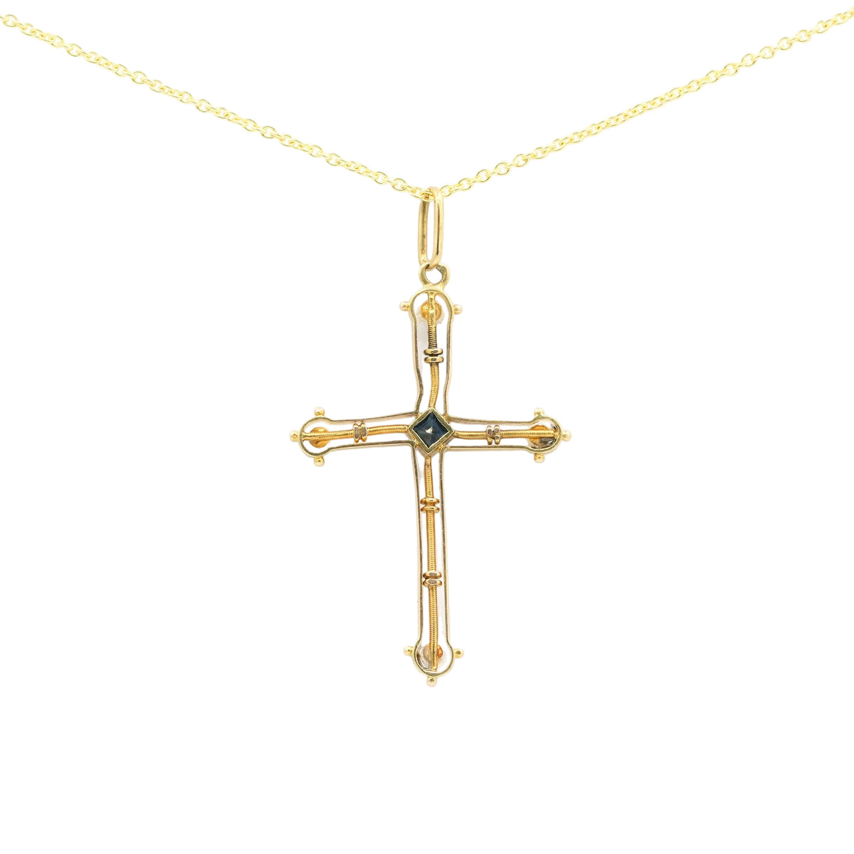 Yellow gold, sapphire, and pearl pendant