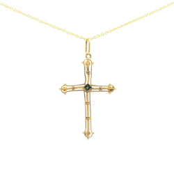 Yellow gold, sapphire, and pearl pendant