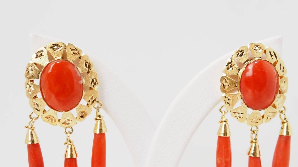 Yellow Gold and Coral Drop Earrings