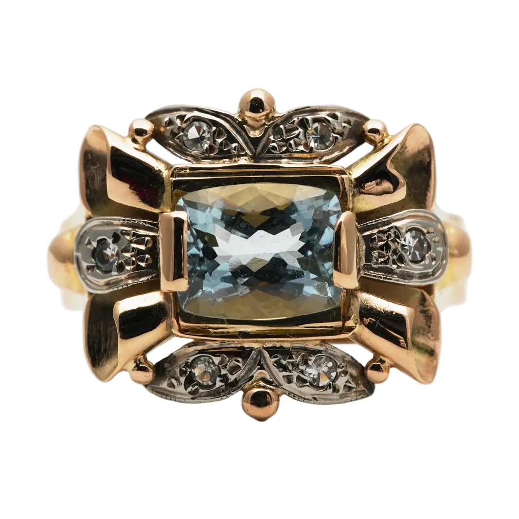 Tank Ring in yellow gold, aquamarine, and diamonds