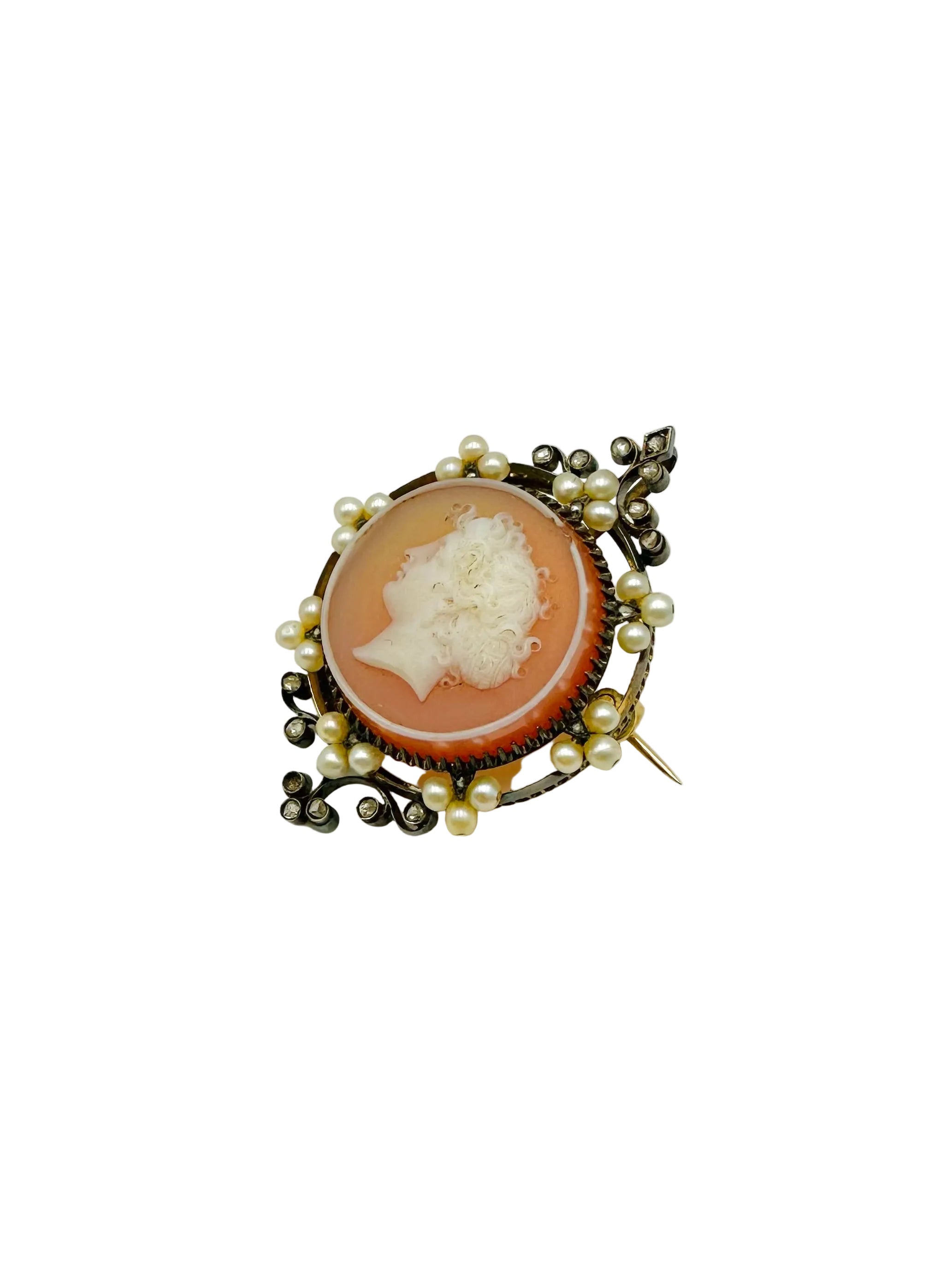 Brooch/Pendant Cameo in Agate, Pearls, Diamonds and Yellow gold