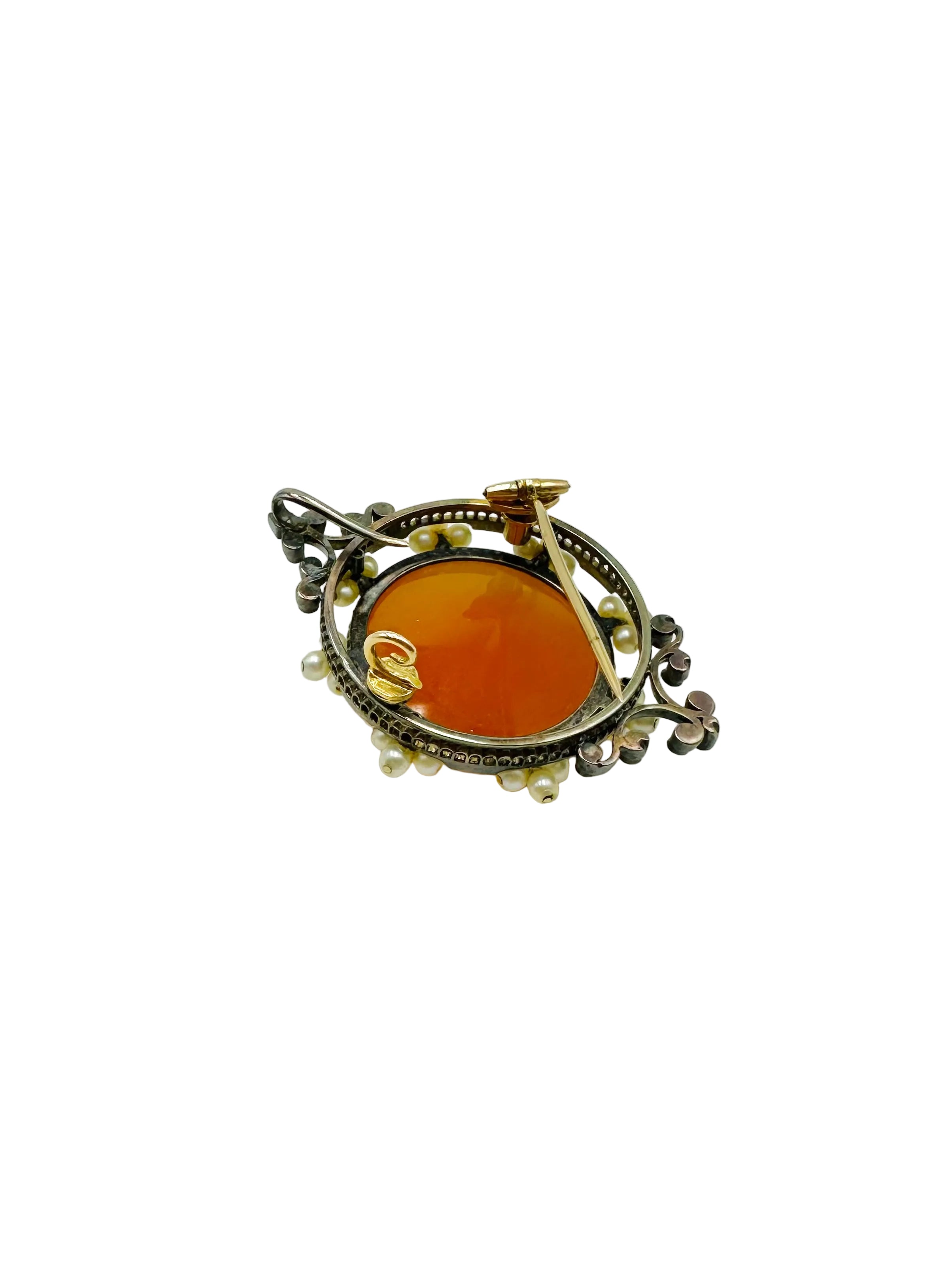 Brooch/Pendant Cameo in Agate, Pearls, Diamonds and Yellow gold