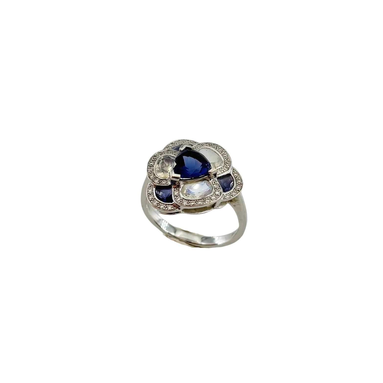 ISABELLE LANGLOIS "Flora Pensée" Entourage Ring in white gold, moonstones, iolites, and diamonds