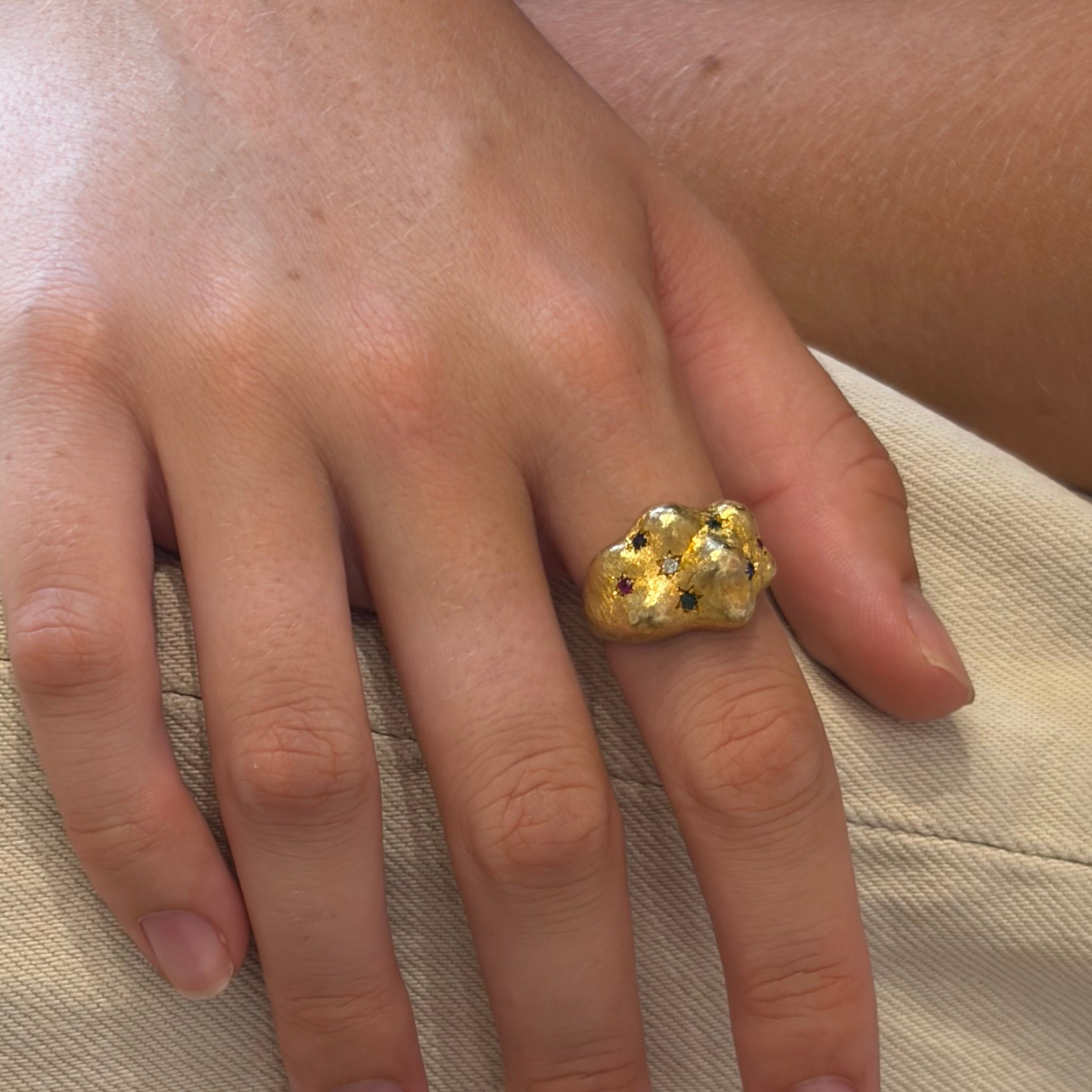 Yellow Gold Band Ring with Emeralds, Rubies, Sapphires, and a Diamond