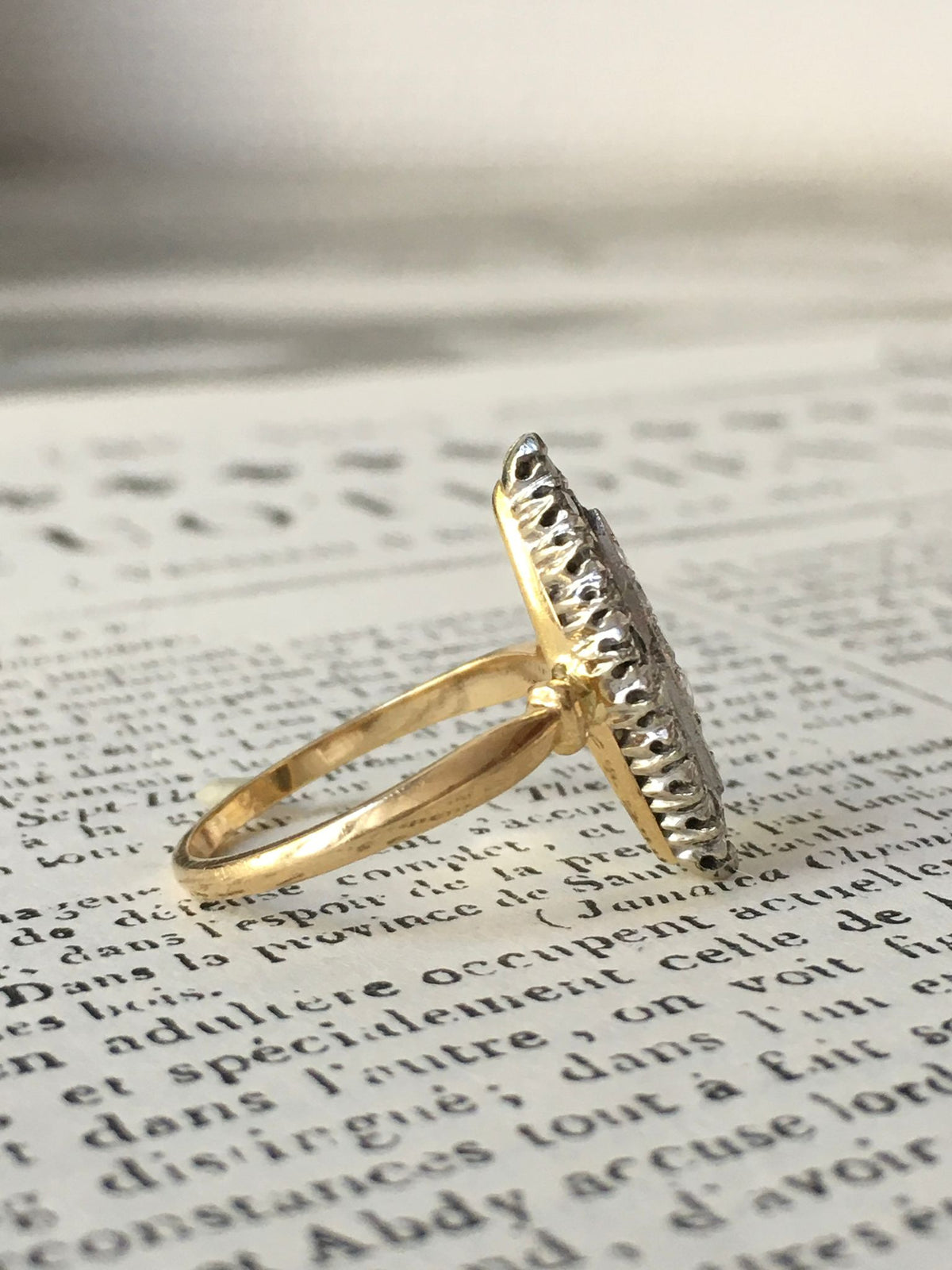 Marquise Ring in White Gold, Yellow Gold, and Diamonds