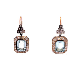 Drop Earrings in Yellow Gold, Silver, Aquamarines, and Diamonds