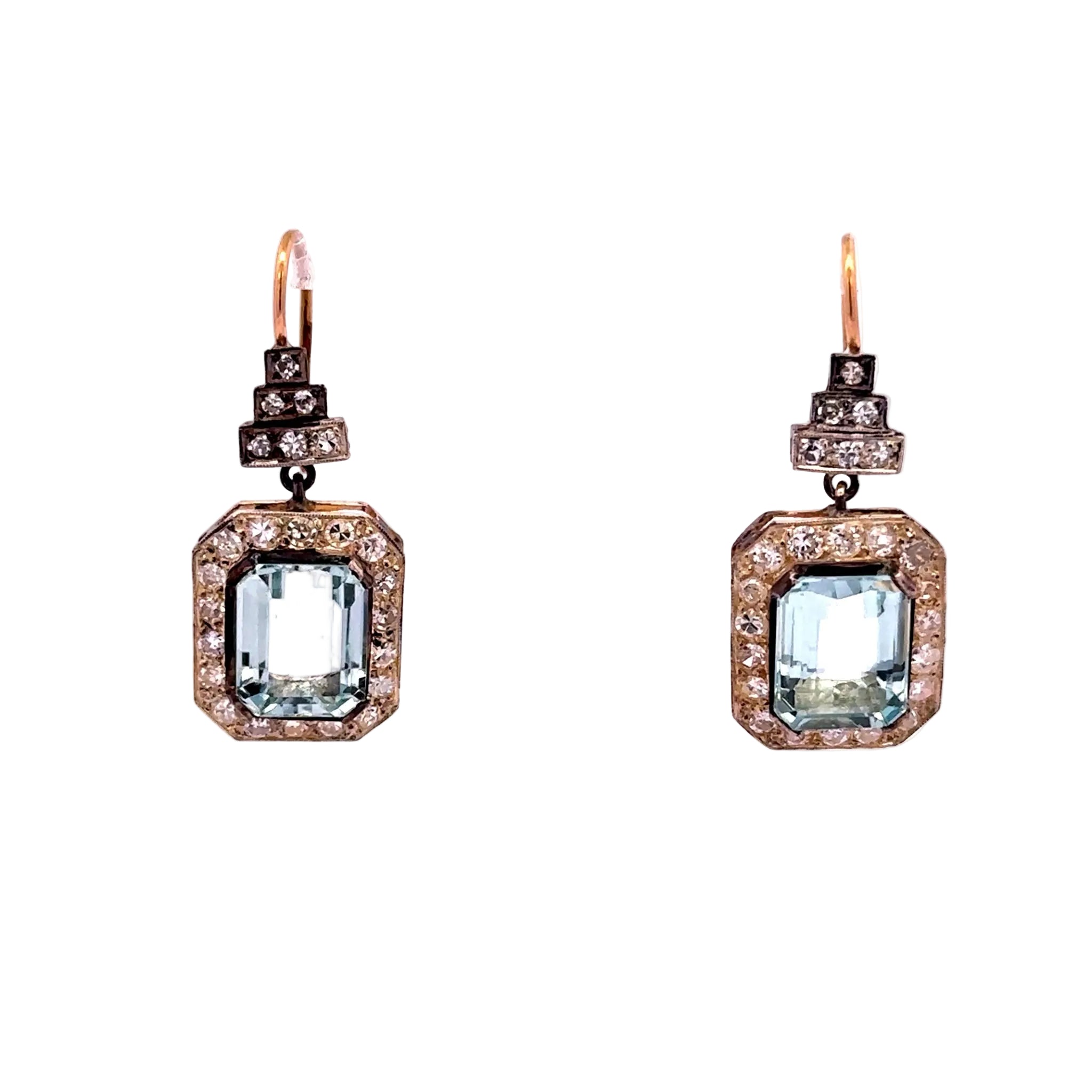 Drop Earrings in Yellow Gold, Silver, Aquamarines, and Diamonds