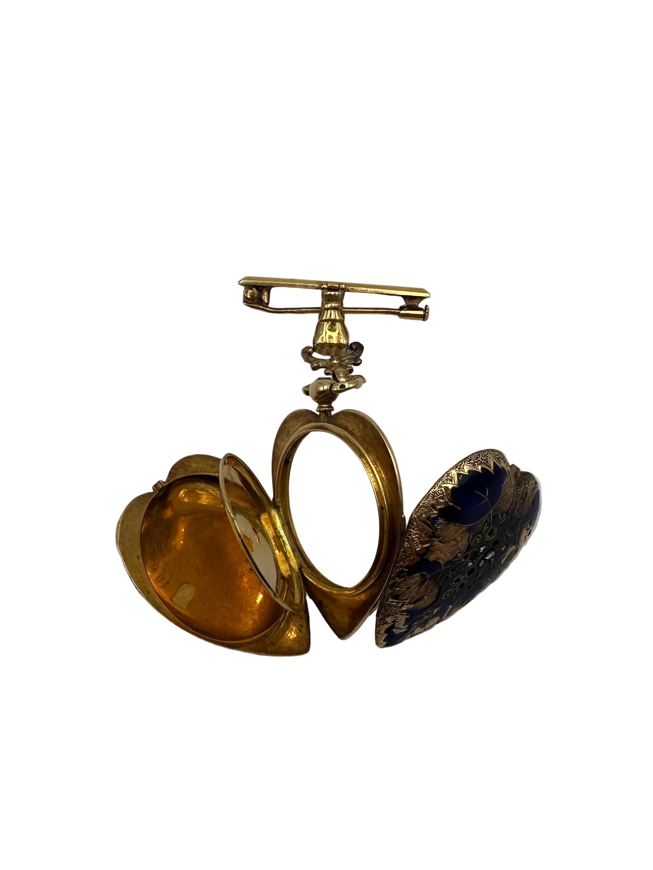 Heart Locket Brooch in Yellow Gold, Enamel and Diamonds