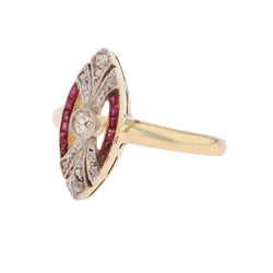 Marquise Ring in yellow gold, Platinum, Rubies, and Diamonds