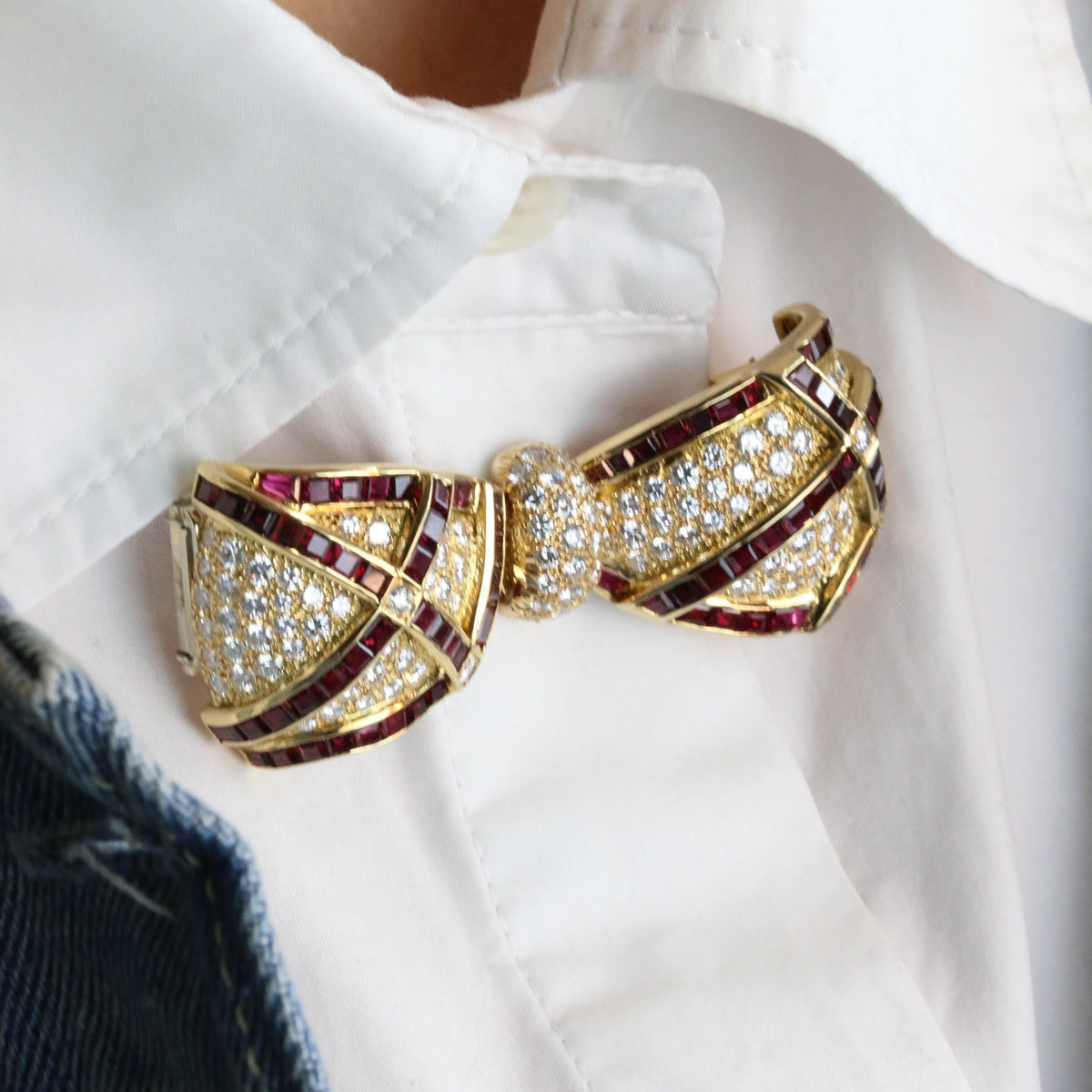 Yellow Gold Clip Brooch with Rubies and Diamonds
