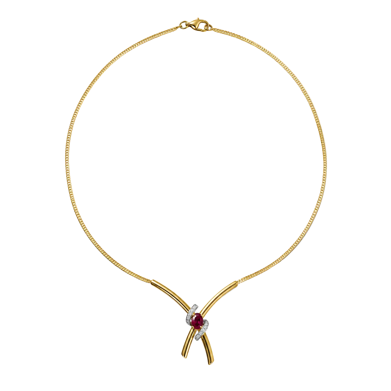 Yellow Gold Curb Chain Necklace with Rubies and Diamonds
