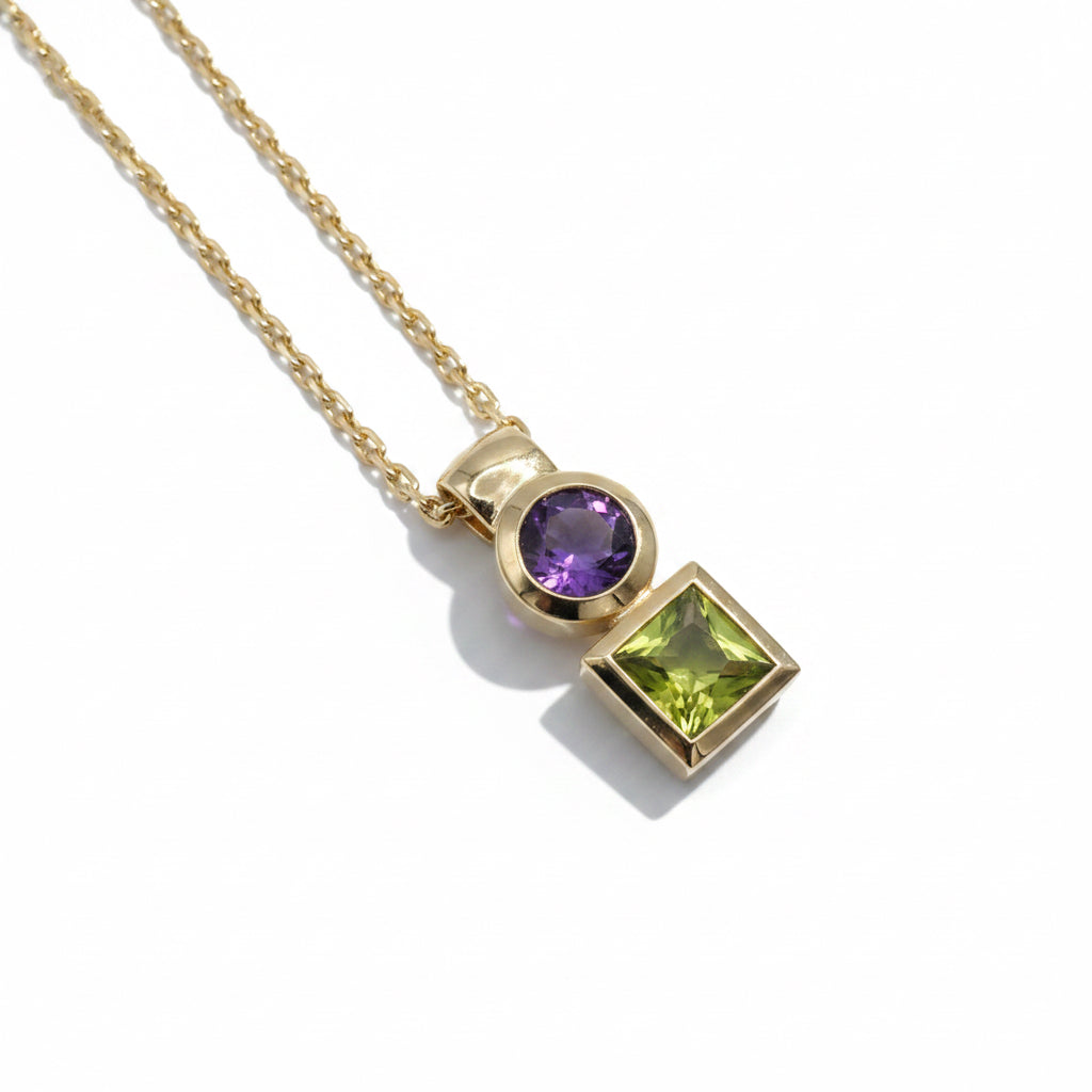 Necklace Pendant in Yellow gold, Amethyst and Peridot