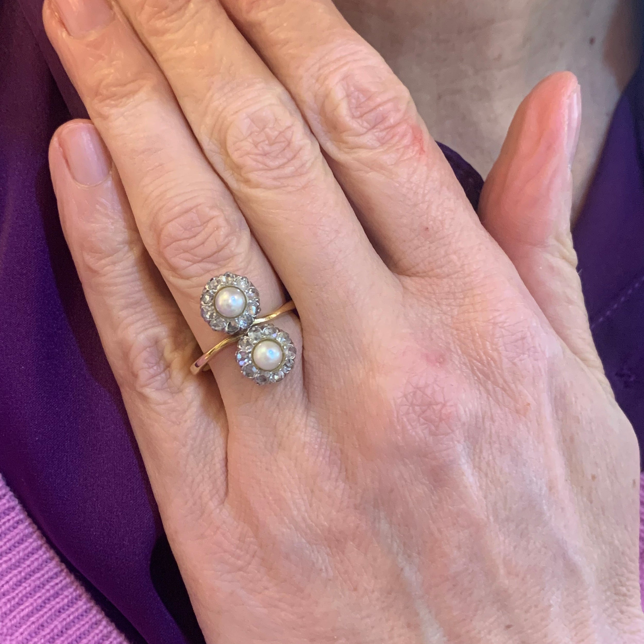 Bague Toi & Moi en or jaune, platine, perles et diamants