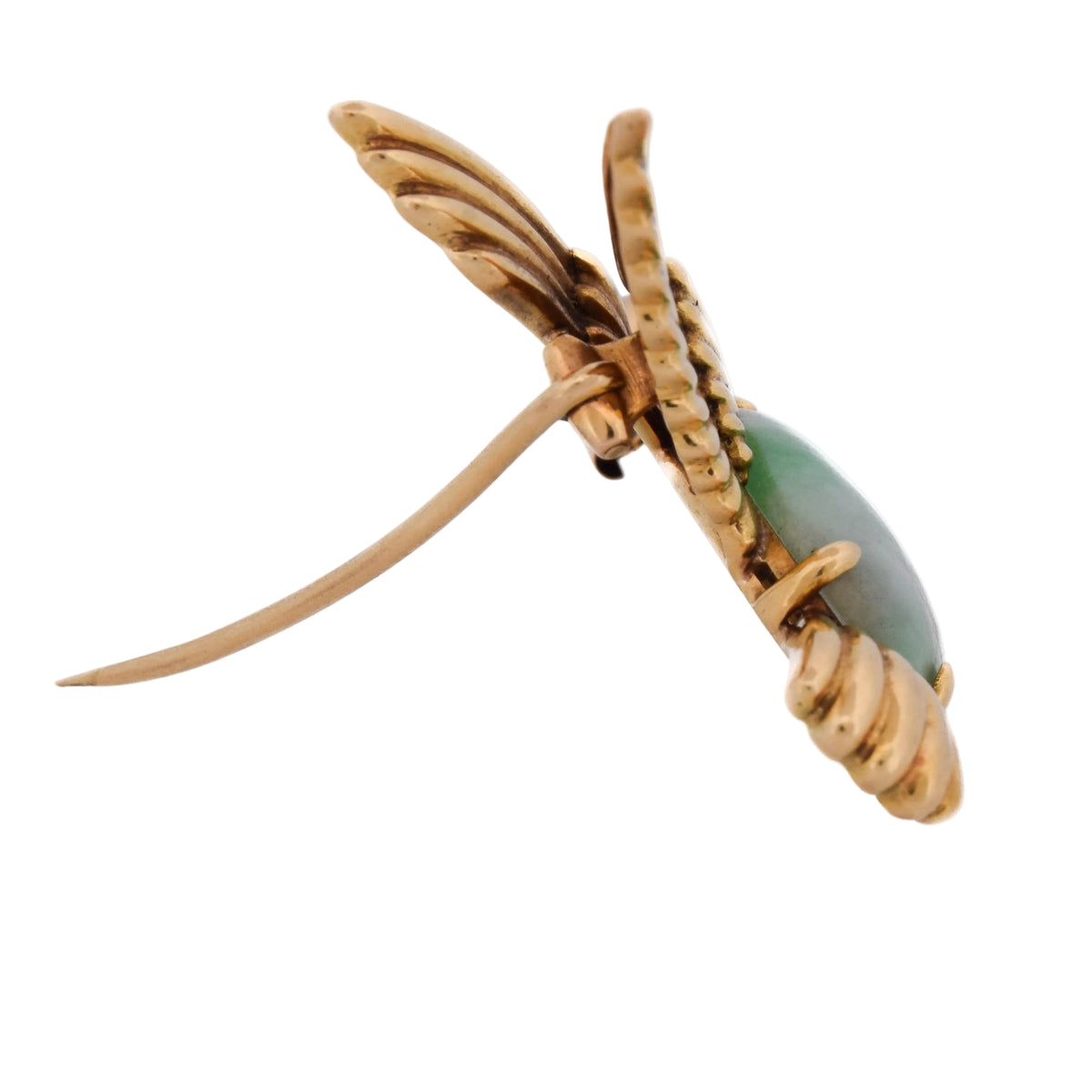 Brooch made of yellow gold, jade, and rubies