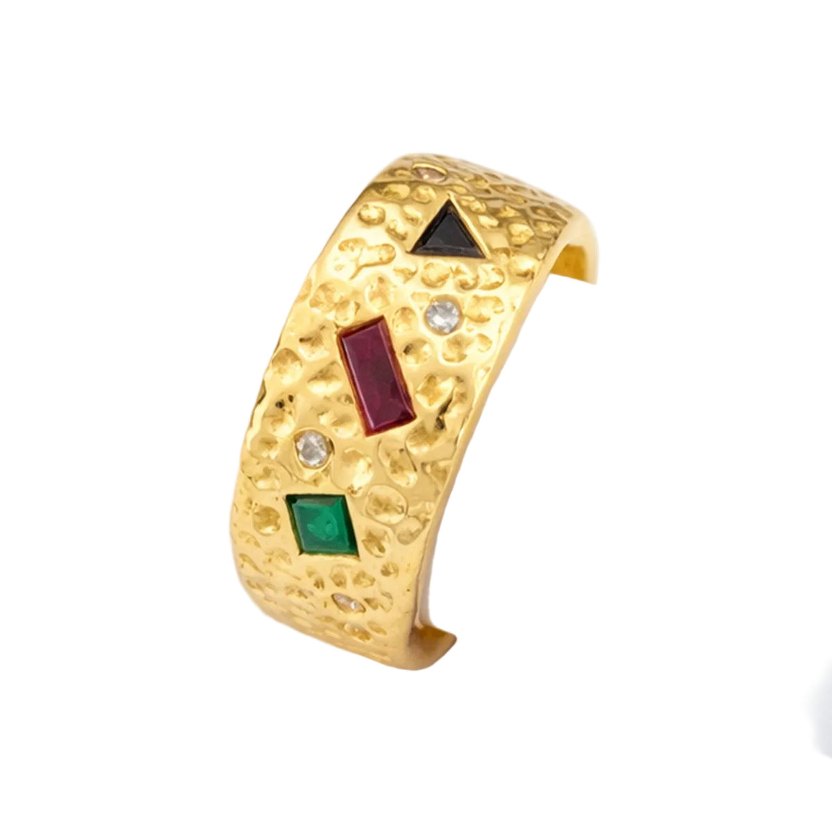 Wide Band Ring in yellow gold, with rubies, emeralds, sapphires, and diamonds